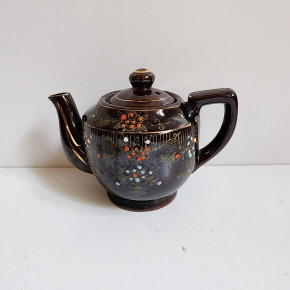 Moriage Redware Brown Betty Teapot w/Lid Hand Painted Gold Trim Japan Vintage - Picture 3 of 9